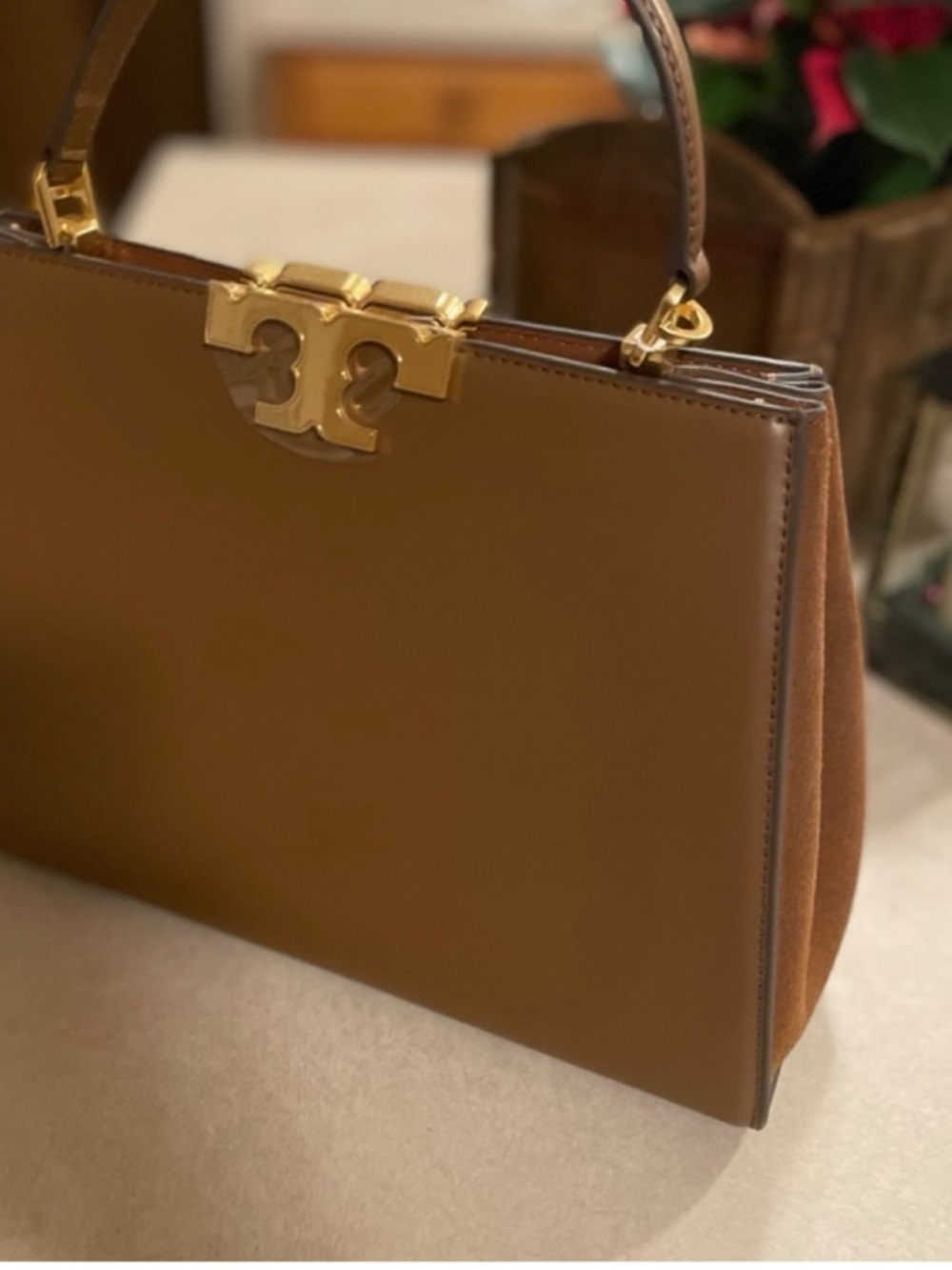 Tory Burch Brown Leather Top-Handle Satchel with Gold Hardware